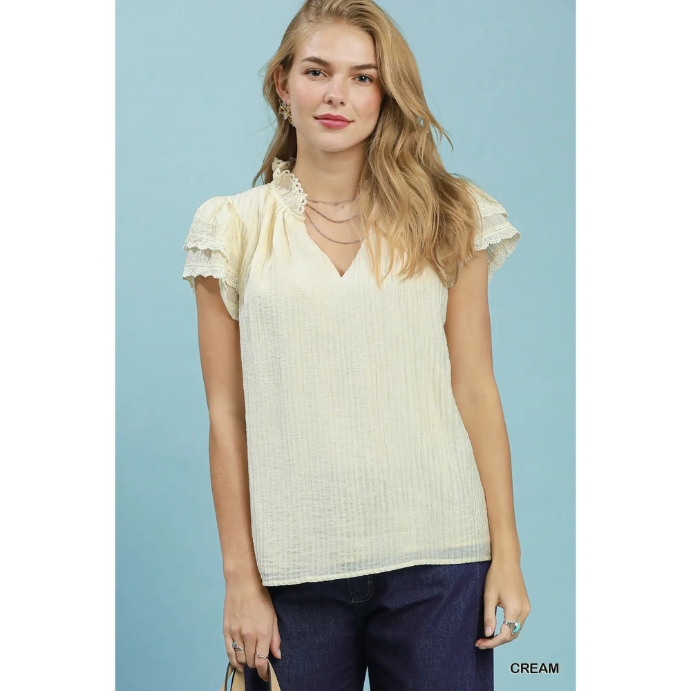 Umgee Lace Trim Ruffle Top